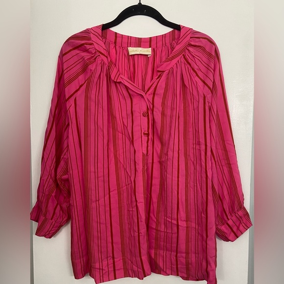 Natalie Martin Quarter Sleeve Striped V Neck Blouse Red & Pink Size Small - Picture 2 of 8